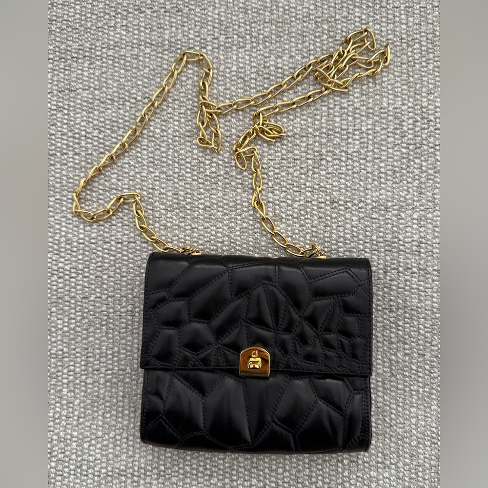 Charles Jourdan Black Quilted Textured Crossbody Bag with Gold Chain